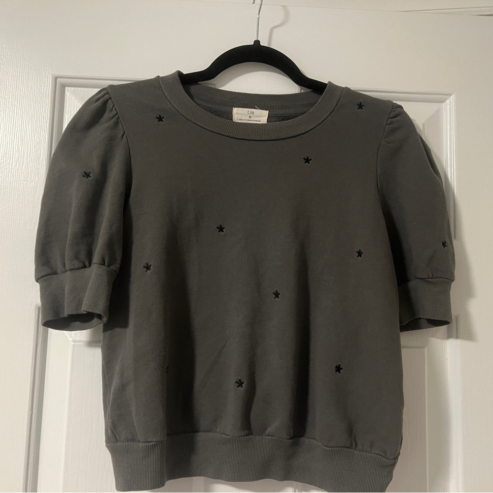 Anthropologie T.La Embroidered Star Puff Short Sleeve Sweatshirt Top Sz S